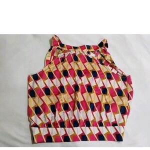 New York & Company Pink Yellow Navy Geometric Blouse